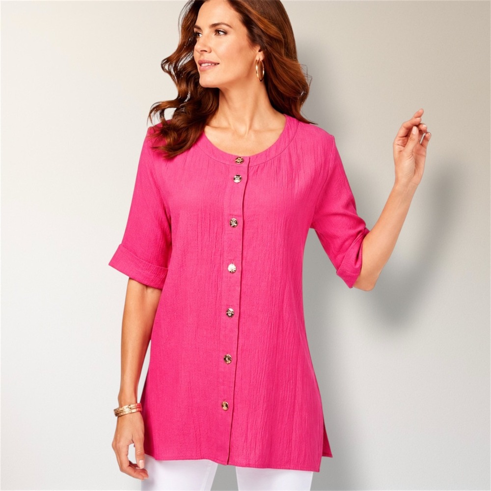 Soft Surroundings M Pink Textured Tunic Button Front Boho Summer Talia Top